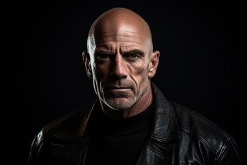 Fototapeta premium Portrait of a senior man wearing a leather jacket on a black background