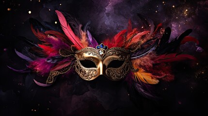 purple, red and gold masquerade mask with red feathers and sparkles against a black background,