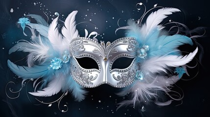blue masquerade mask with fluffy white feathers and silver glitter. - obrazy, fototapety, plakaty