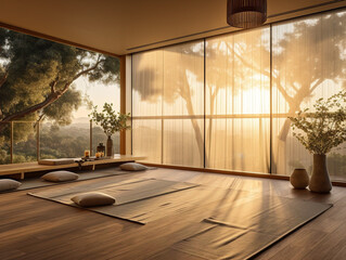 A serene room with cozy mats, cushions, and candles for peaceful yoga and meditation practices.