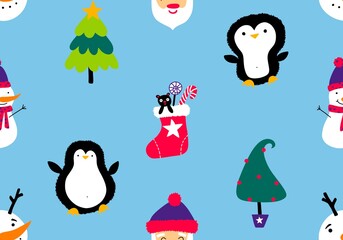 Christmas cartoon doodle seamless Santa and penguin and snowman pattern for wrapping paper and fabrics