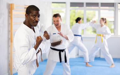 Multinational partners during martial arts karate class train to perform basic blows to opponent...