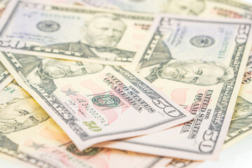 heap of fifty dollars background. 50 fifty dollars bill banknote with the portrait of president Ulysses S. Grant, Old American money banknote, vintage retro, United States of America