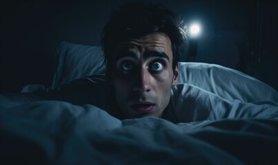 A man is looking at the camera in bed at night. Generative AI.