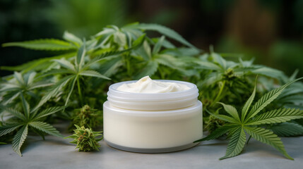Obraz na płótnie Canvas Organic beauty regime: face cream jar amidst vibrant marijuana leaves