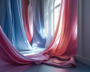A room with blue and pink curtains. Generative AI.