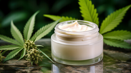 Obraz na płótnie Canvas High-end skincare: jar of face cream placed on luxurious marble table with marijuana leaves