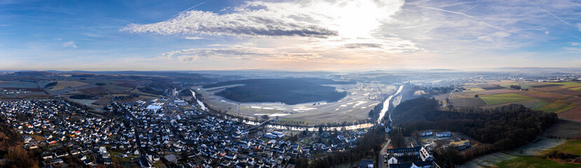 the german lahn river near castle dehrn from above in winter panorama - obrazy, fototapety, plakaty
