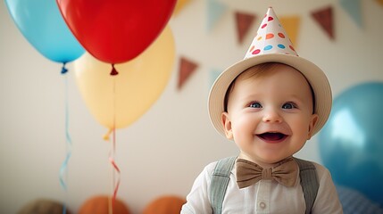 A cute baby wearing a party hat and holding a balloon with a big smile on their face