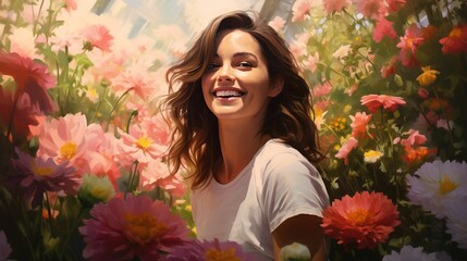 A woman standing in a lush garden, smiling amidst blooming flowers