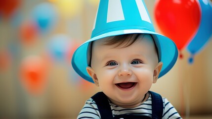 A cute baby wearing a party hat and holding a balloon with a big smile on their face