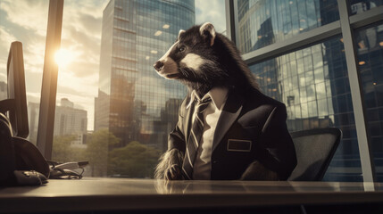 A raccoon in a suit sitting at a desk in front of a window. Generative AI.