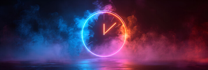 A neon illustration of a blue purple clock. Created with generative AI. - obrazy, fototapety, plakaty