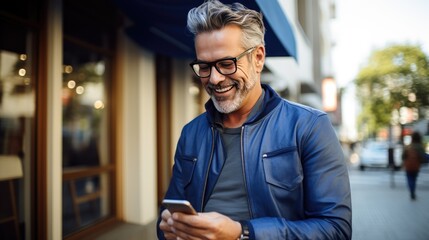 Happy smiling mid adult man is using a smartphone outdoors