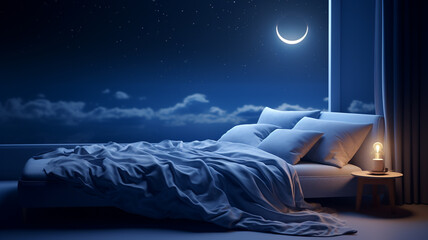 Sleep day, asleep and health problems, insomnia, soft bed time night lazy pillow comfort room, relax melatonin, woman man girl boy, moon star, banner copy space greeting card background.