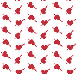 Vector seamless pattern of flat red heart with arrow isolated on white background