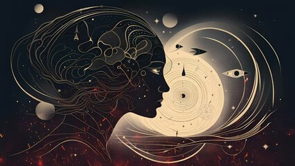 Universe, cosmos, mystical surrealism conceptual abstract fantasy art, state of mind, astrological horoscope. Suitable for content illustration like religion, meditation, science, healing therapy, etc