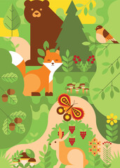 Beautiful forest background with animals, plants, trees, bird, butterfly. Geometric pattern with cute hare, fox, bear and bird, trees and leaves. Wild nature flora and fauna