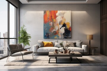 Interior of modern living room with gray walls, concrete floor, comfortable sofa and armchairs near coffee table. Mock up poster.