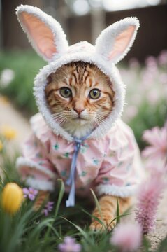 A cat wearing a bunny costume is sitting next to Easter eggs.