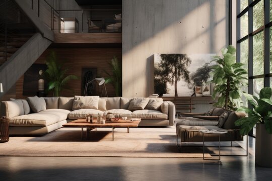 Interior modern living room with wooden walls, concrete floor, comfortable sofa and armchair standing near round coffee table.