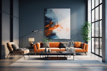 Interior of modern living room with gray walls, concrete floor, orange sofa standing near coffee table and two armchairs. Vertical mock up poster.