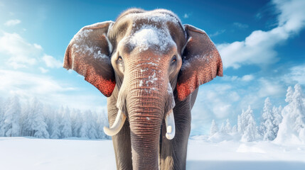 Closeup elephant portrait in the snowy landscape in winter day