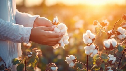 Closeup woman hand holding ball of a cotton plant in a sunny day in cotton field - Powered by Adobe