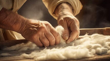 Closeup old man working with freshly harvested cotton wool