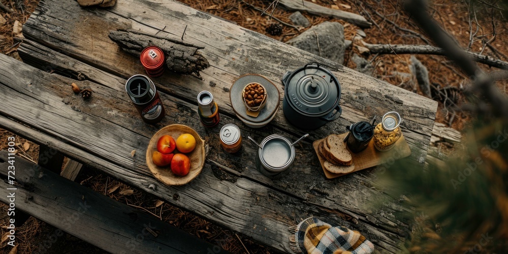 Poster a picnic table with food and other items on it. generative ai.