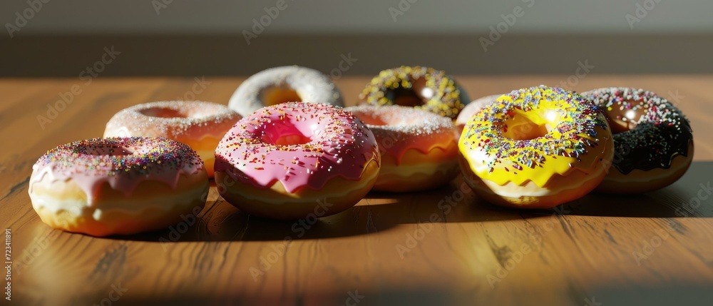 Poster a group of donuts with sprinkles on them. generative ai.