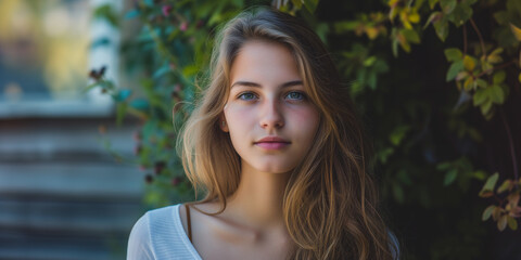 Teenage girl with light hair and serene blue eyes, exuding a calm presence against a backdrop of vibrant green leaves