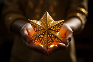 A close-up of hands holding a golden star-shaped ornament, symbolizing the guiding star of Bethlehem and its significance in the Epiphany story. Generative Ai.