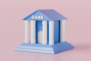 3D bank, banking building icon, business investment finance concept. money transaction security. 3d minimal cartoon style isolated on pink background. 3D blue bank, banking cartoon icon. 3d rendering.