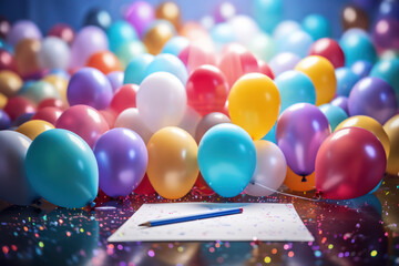 A person writing resolutions on colorful paper and tying them to balloons, sending hopes and dreams soaring into the sky. Generative Ai.