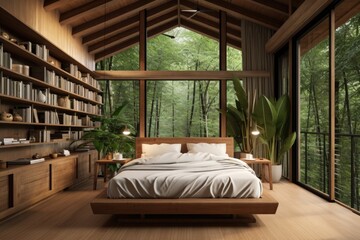 Interior of a modern bedroom with a wooden floor, a large window and bookcase.
