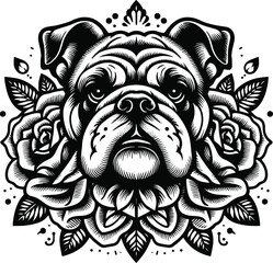 black and white head, dog head, floral, illustration, abstract, tattoo art, pattern