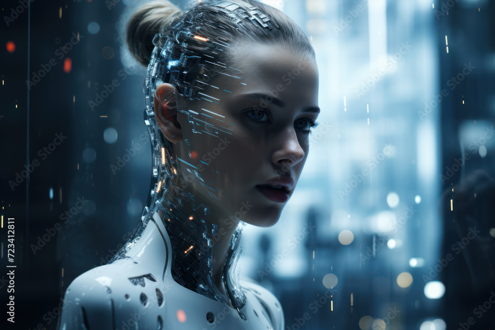 Aufkleber peer into the future of technology and humanity, with visuals that showcase the integration of cyber
