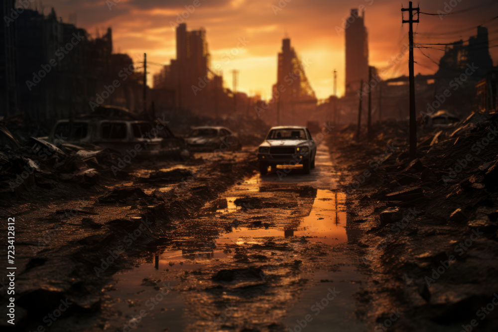 Poster navigate through a post-apocalyptic world, capturing the desolation and resilience of life in a worl