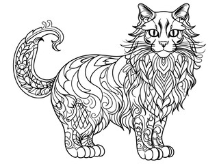 Coloring book on the theme animal pet, cat full length. Vector generative ai, black lines, white