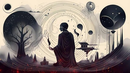 Cosmos, mystical surrealism conceptual abstract fantasy art, state of mind, astrological horoscope, universe. Suitable for content illustration like religion, meditation, science, healing therapy, etc