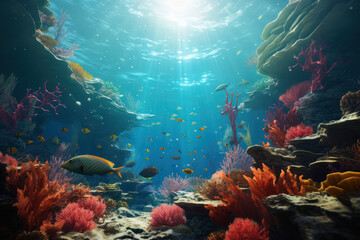 Naklejka na ściany i meble Explore the depths of a surreal underwater world, where vibrant marine life and dreamlike visuals come together in harmony. Generative Ai.