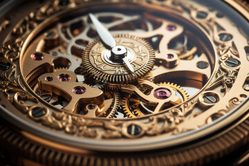 Witness the intricate elegance of clockwork mechanisms, capturing the timeless beauty of gears, cogs, and intricate machinery in motion. Generative Ai. - obrazy, fototapety, plakaty