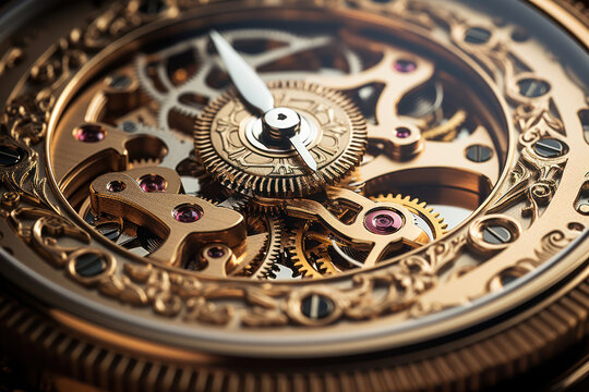 Witness the intricate elegance of clockwork mechanisms, capturing the timeless beauty of gears, cogs, and intricate machinery in motion. Generative Ai.
