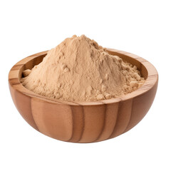 pile of finely dry organic fresh raw muira puama bark powder in wooden bowl png isolated on white background. bright colored of herbal, spice or seasoning recipes clipping path. selective focus