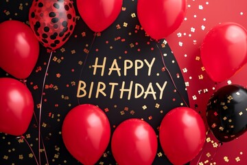Red and black Happy Birthday background with balloons and confetti Generative AI