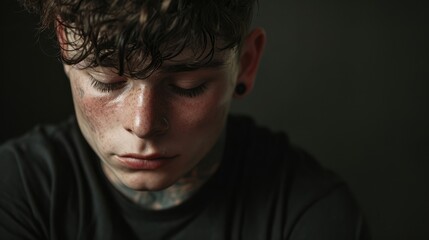 A teenage boy with a tattoo of a loved ones name on his arm his eyes closed in a moment of grief.