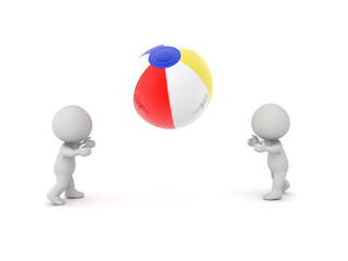  Two 3D Characters playing with beach ball. 3D Rendering isolated on white..