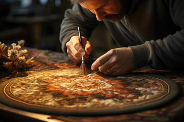 Fototapeta premium Crafting a handmade rug, using traditional techniques for a unique home accessory. Concept of textile art and home comfort. Generative Ai.