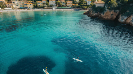 A dynamic shot of a couple paddleboarding in the turquoise waters of Villefranche-sur-Mer, capturing the carefree and adventurous spirit of a romantic seaside escape, with copy spa